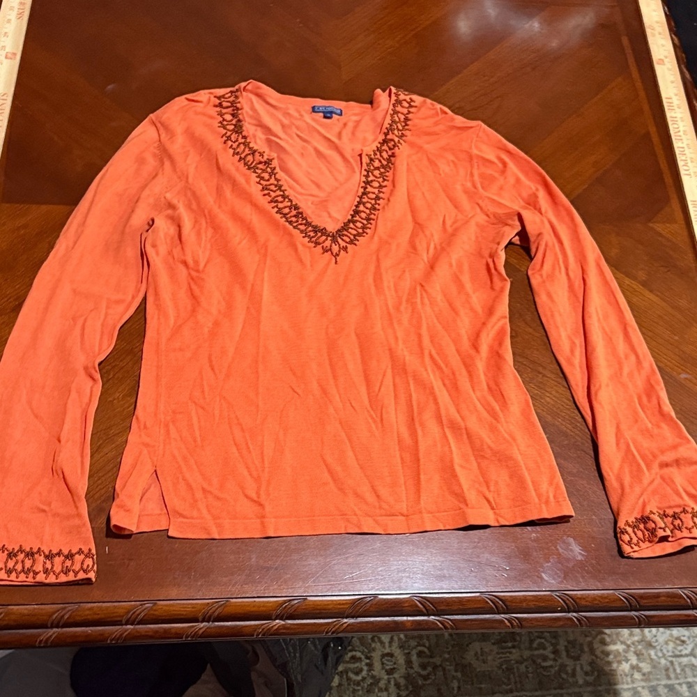 J. McLaughlin Vibrant Orange Embroidered V-Neck Blouse with beading